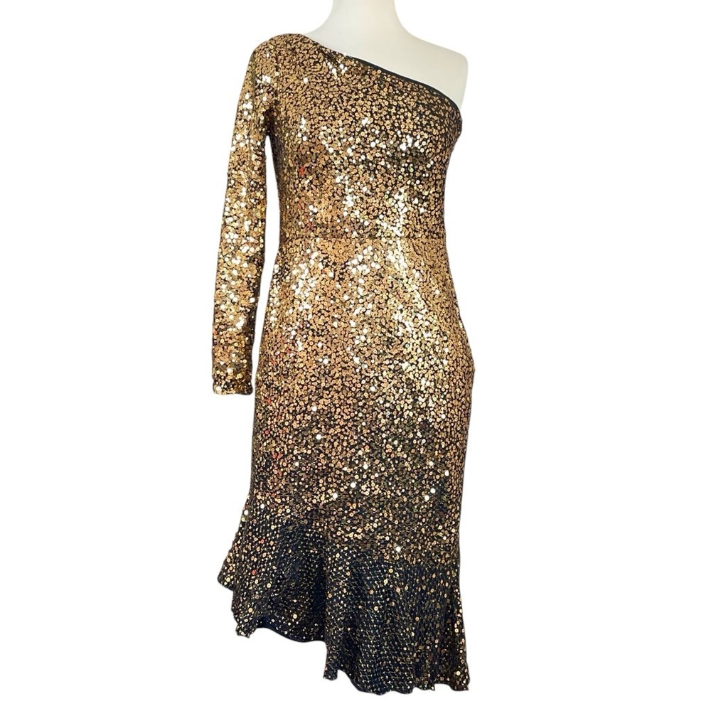 Marchesa Notte Sequined One Shoulder Asymmetric Ruffle Hem Dress Gold Size XS/4